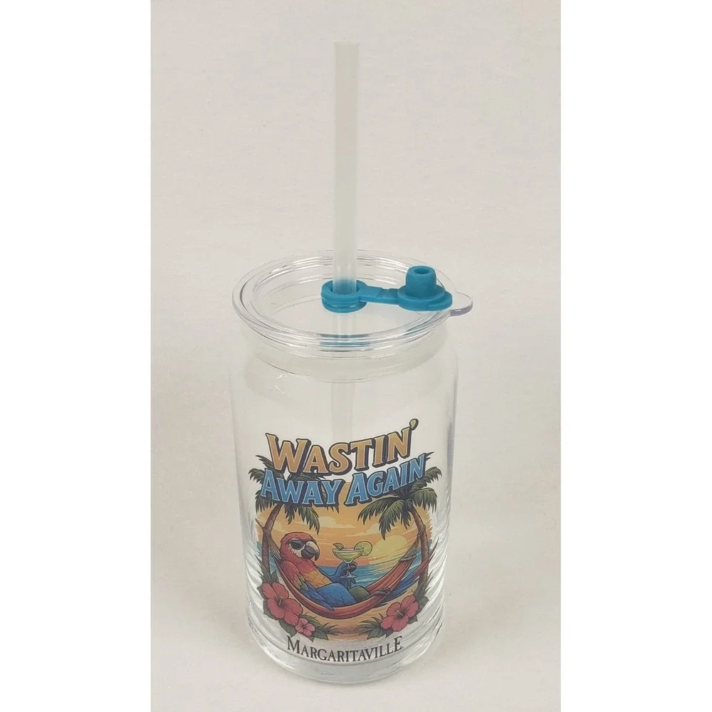 Margaritaville Sipper Glass Cup Wastin Away Again 16oz with Lids & Straws NEW